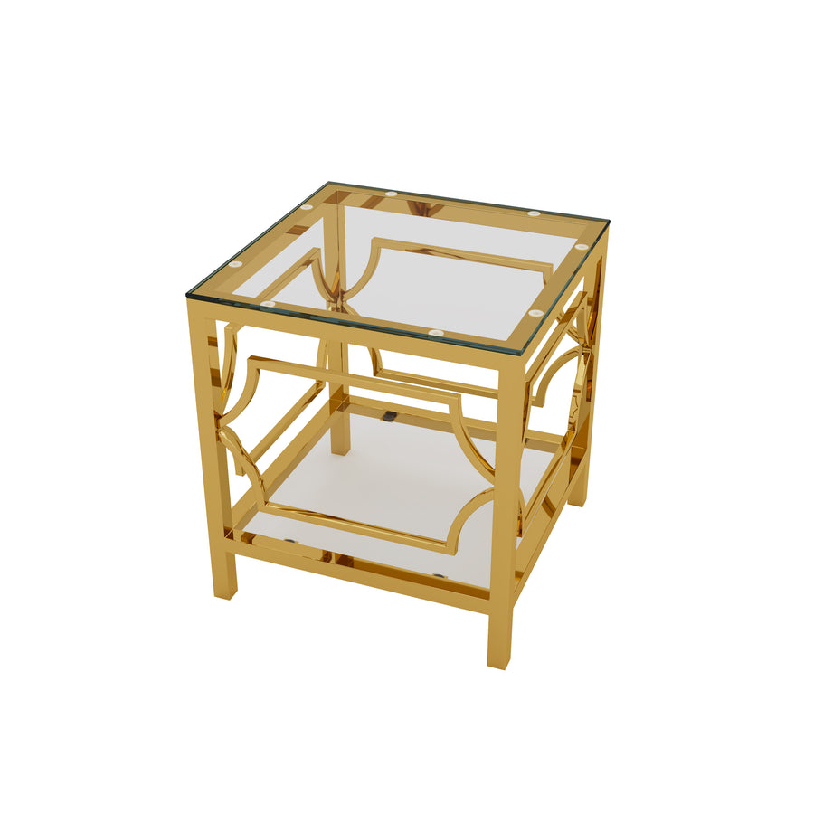 Transparent tampered glass golden metal leg square side table
