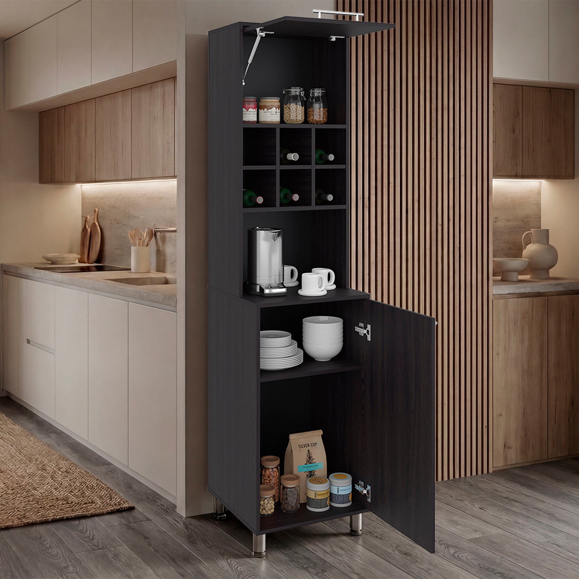 Tall black kitchen cabinet with open doors displaying various kitchen items in a modern kitchen setting. Wenge