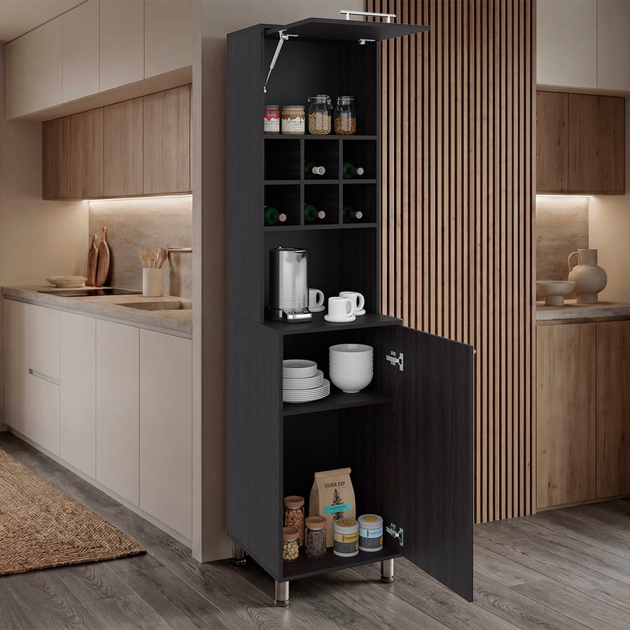 Tall black kitchen cabinet with open doors displaying various kitchen items in a modern kitchen setting. Wenge