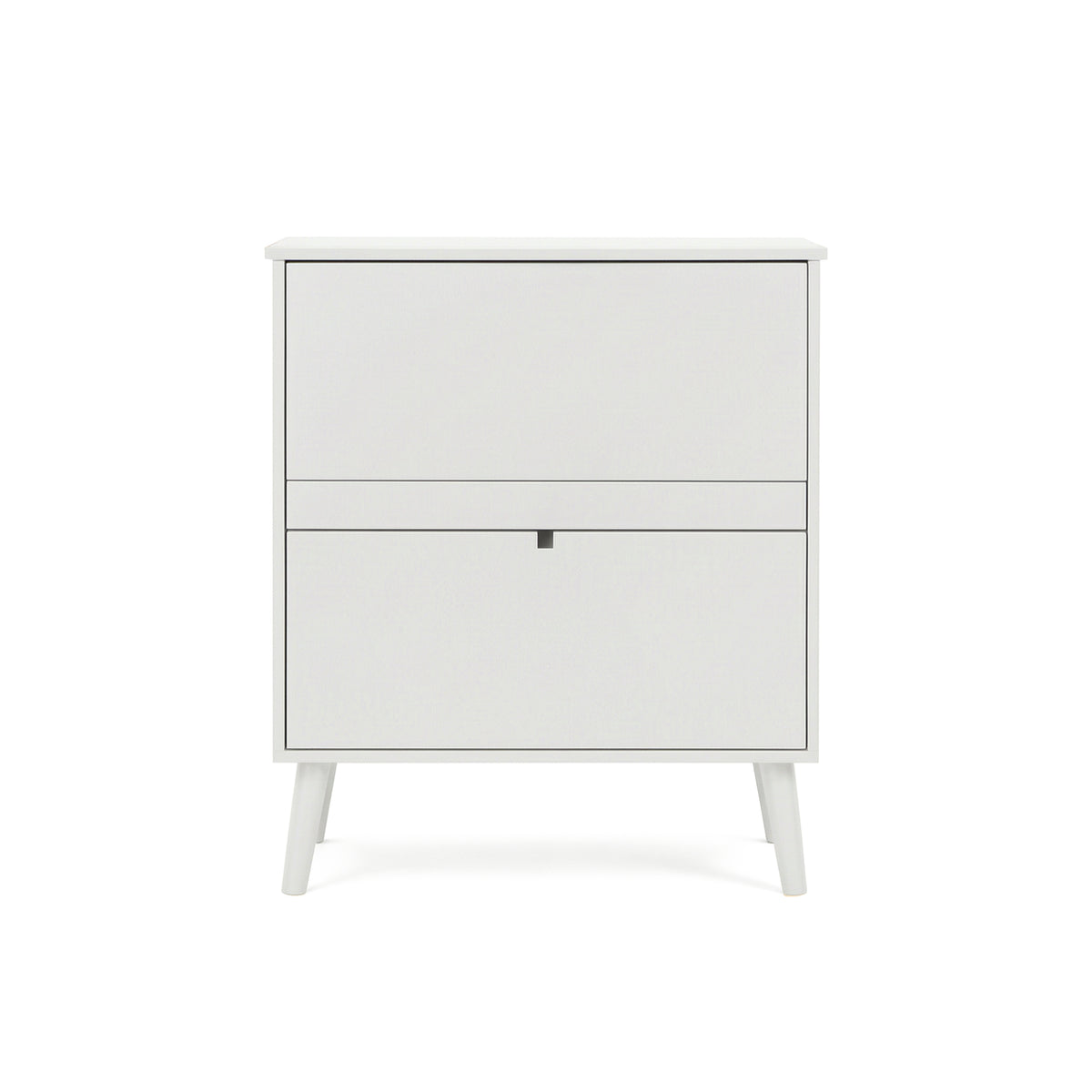 A modern two-drawer nightstand or storage cabinet in a light gray finish, featuring tapered legs and a small dark metal pull on the lower drawer, shown against a plain white background.