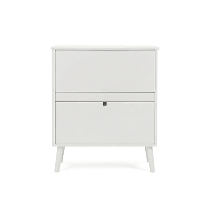 A modern two-drawer nightstand or storage cabinet in a light gray finish, featuring tapered legs and a small dark metal pull on the lower drawer, shown against a plain white background.