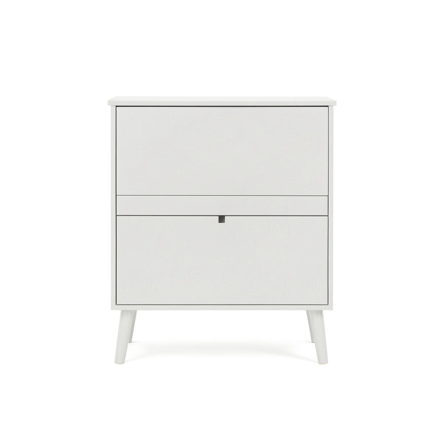 A modern two-drawer nightstand or storage cabinet in a light gray finish, featuring tapered legs and a small dark metal pull on the lower drawer, shown against a plain white background.