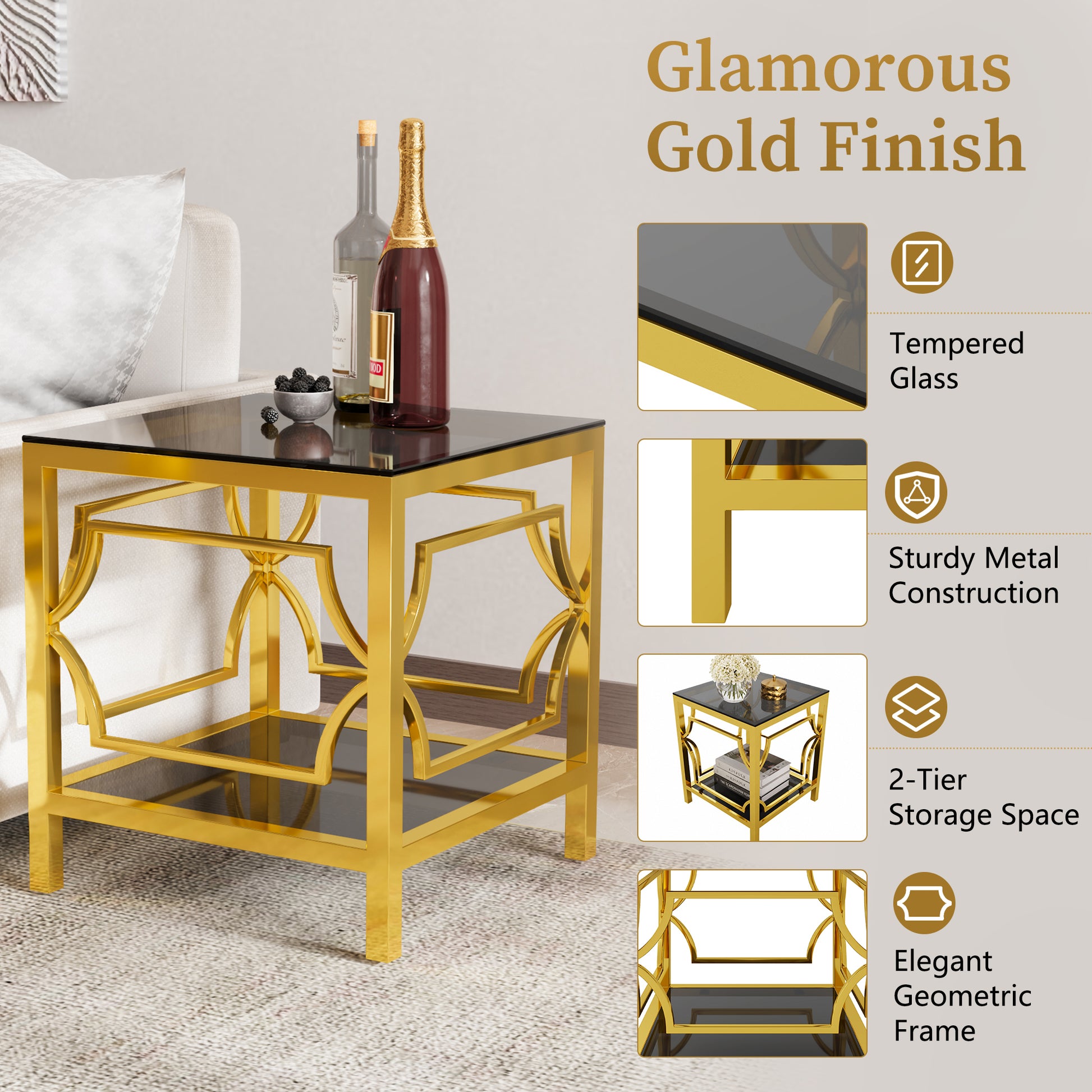 Black tampered glass golden metal leg square side table