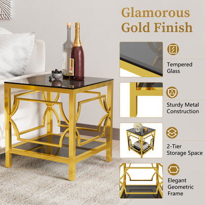 Black tampered glass golden metal leg square side table