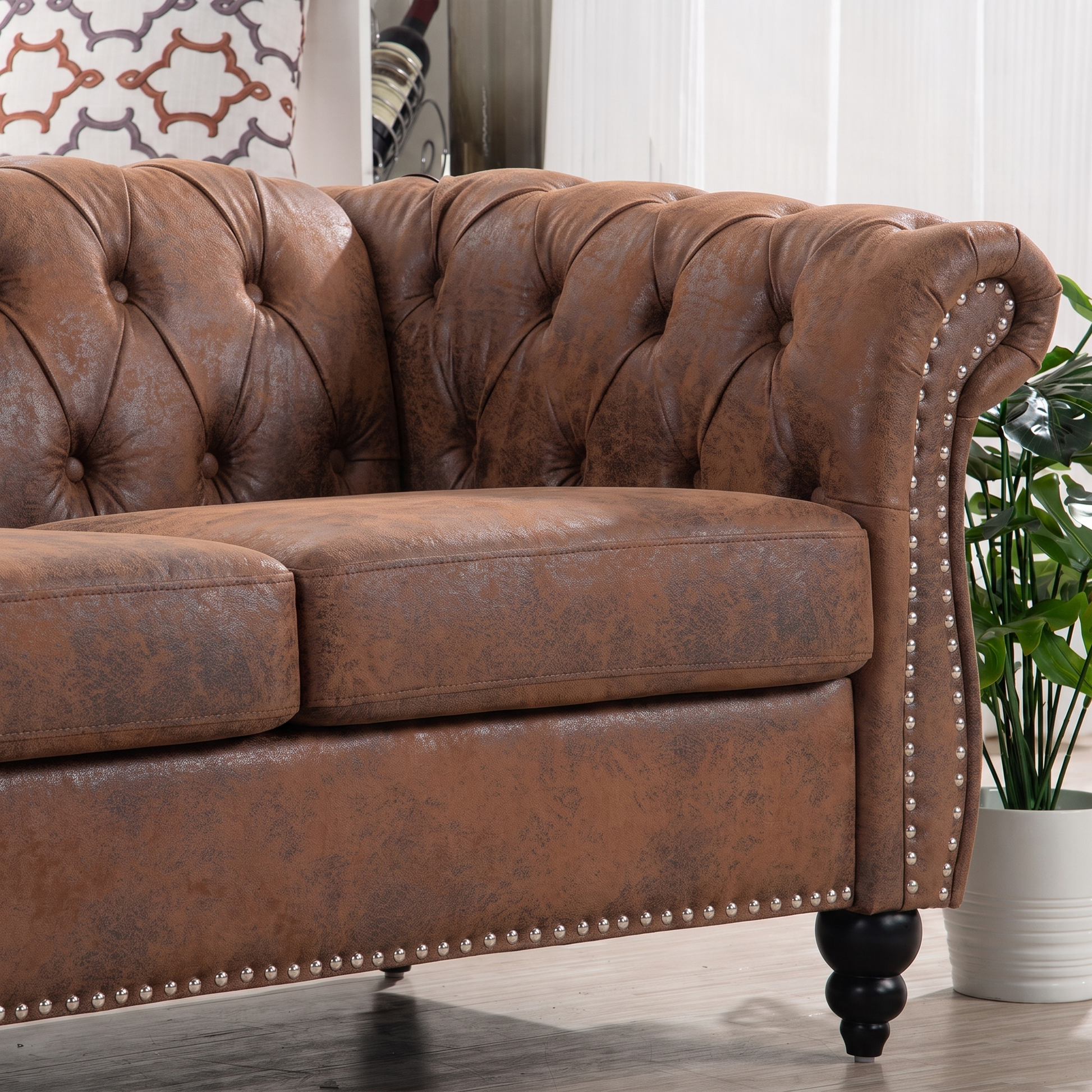 Brown PU Leather 3 Seater round arm sofa