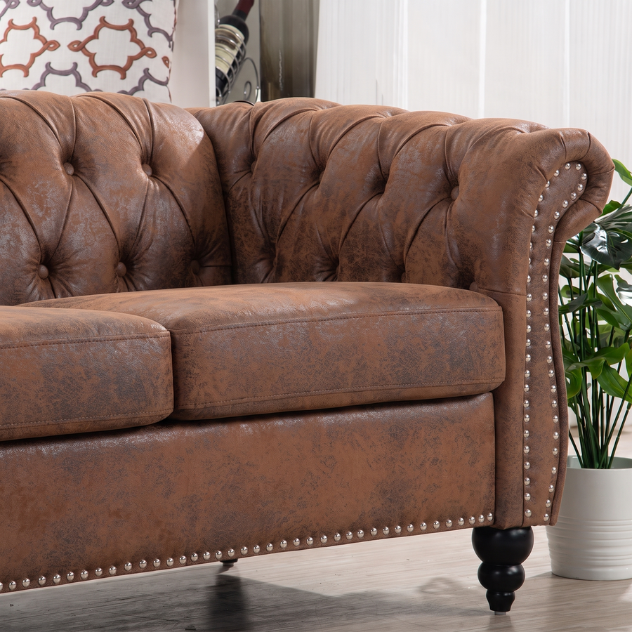 Brown PU Leather 3 Seater round arm sofa