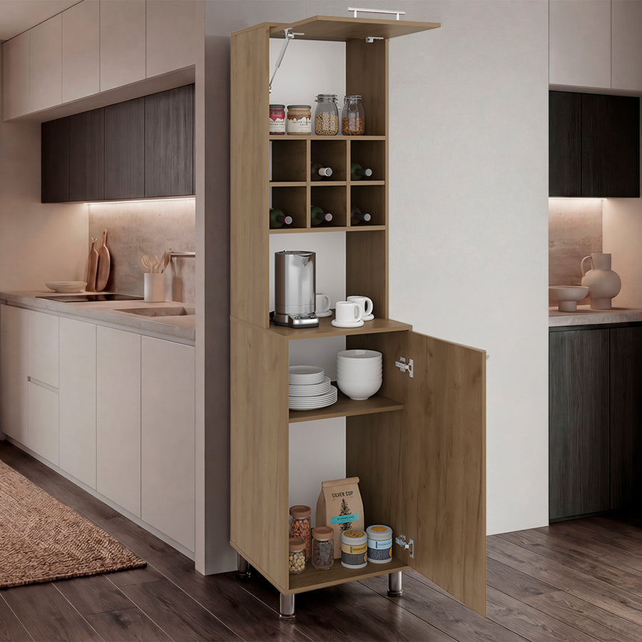 Wooden kitchen cabinet with shelves filled with kitchen items in a modern kitchen setting. Natural