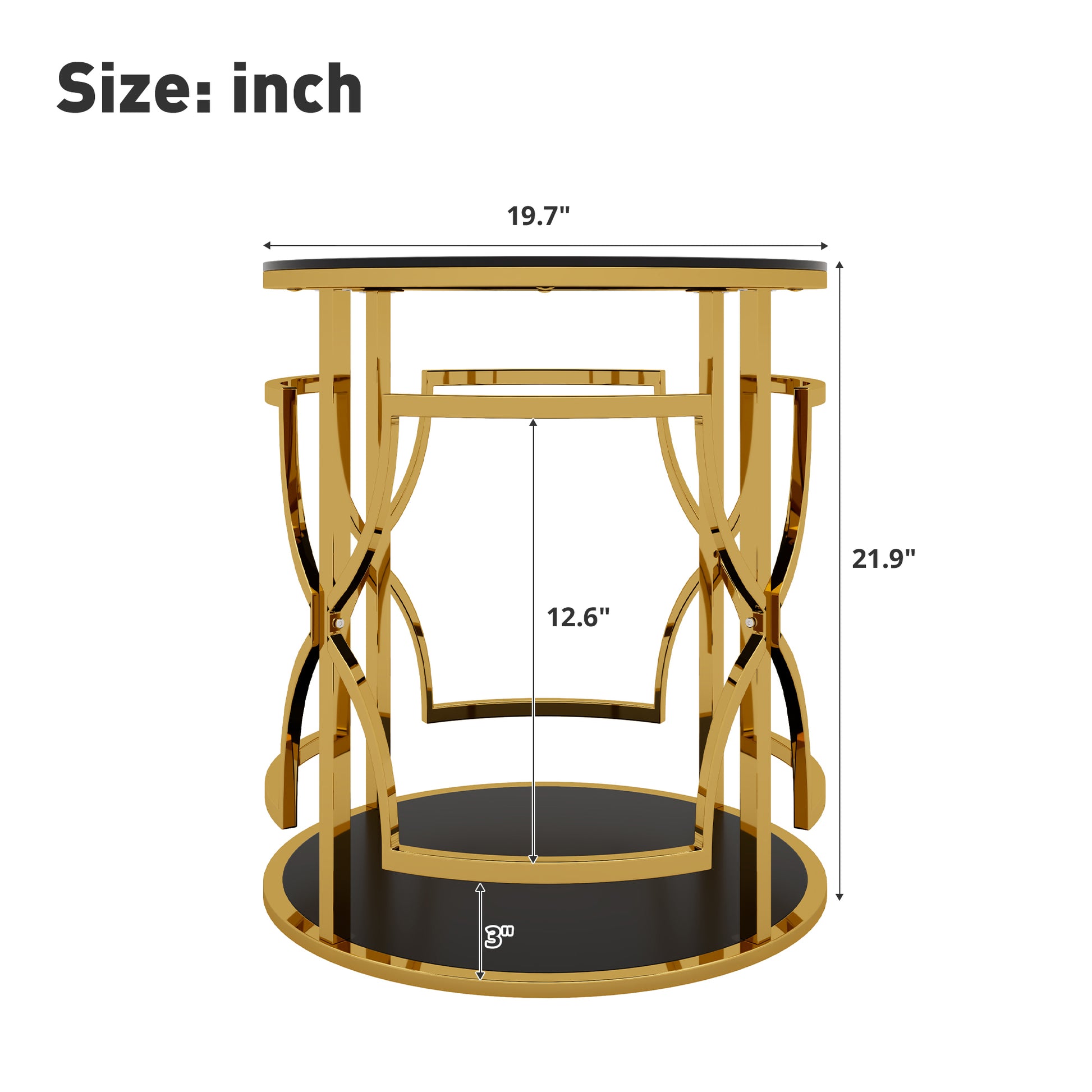 Black tampered glass golden metal leg round side table