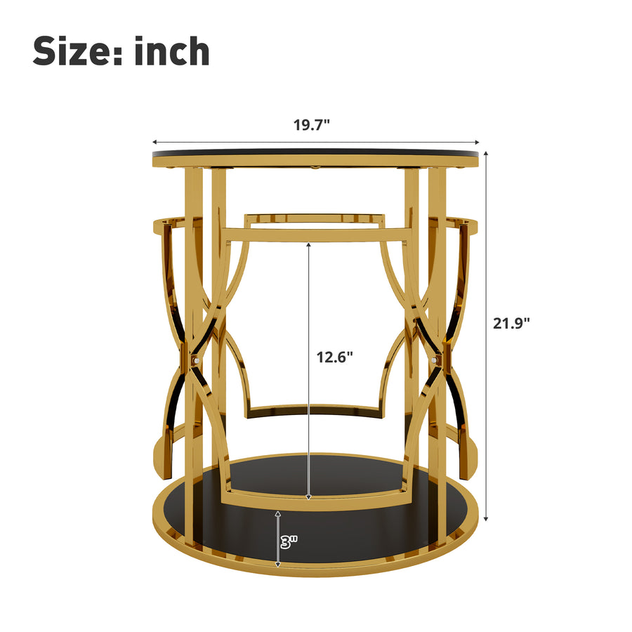 Black tampered glass golden metal leg round side table