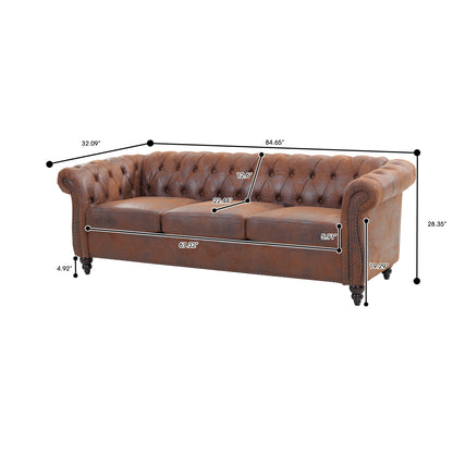 Brown PU Leather 3 Seater round arm sofa