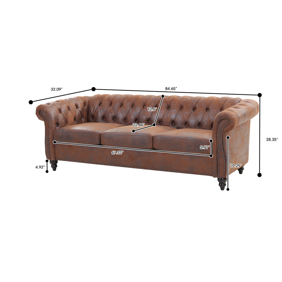 Brown PU Leather 3 Seater round arm sofa