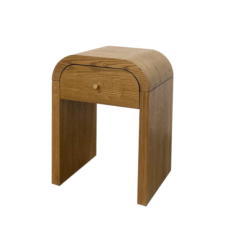 A mid-century modern Walnut Brown wooden side table with a curved top, single drawer, and block-style legs, shown on a plain white background.