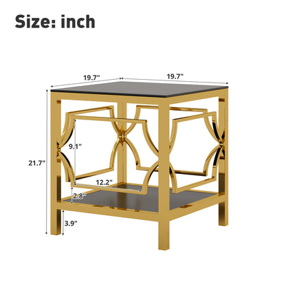 Black tampered glass golden metal leg square side table
