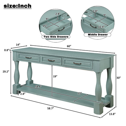 60inch Long Wood Console Table with 3 Drawers and 1 Bottom Shelf for Entryway Hallway Easy Assembly Extra-thick Sofa Table ( Retro Blue)
