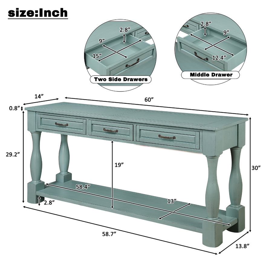 60inch Long Wood Console Table with 3 Drawers and 1 Bottom Shelf for Entryway Hallway Easy Assembly Extra-thick Sofa Table ( Retro Blue)
