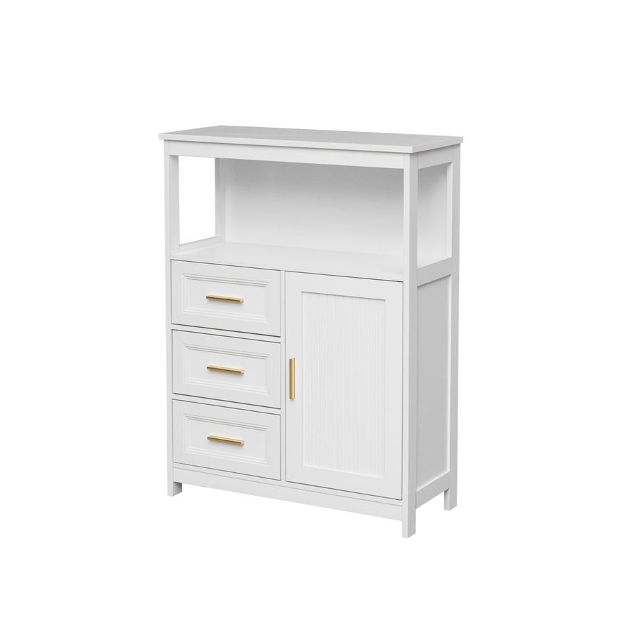 A white bathroom vanity cabinet with three drawers on the left, a single paneled door on the right, and a top shelf. It features slim gold metal handles and is shown on a solid white background.