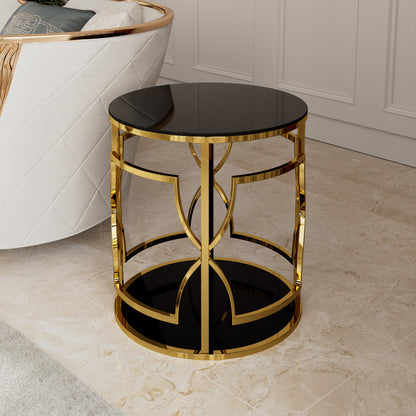 Black tampered glass golden metal leg round side table