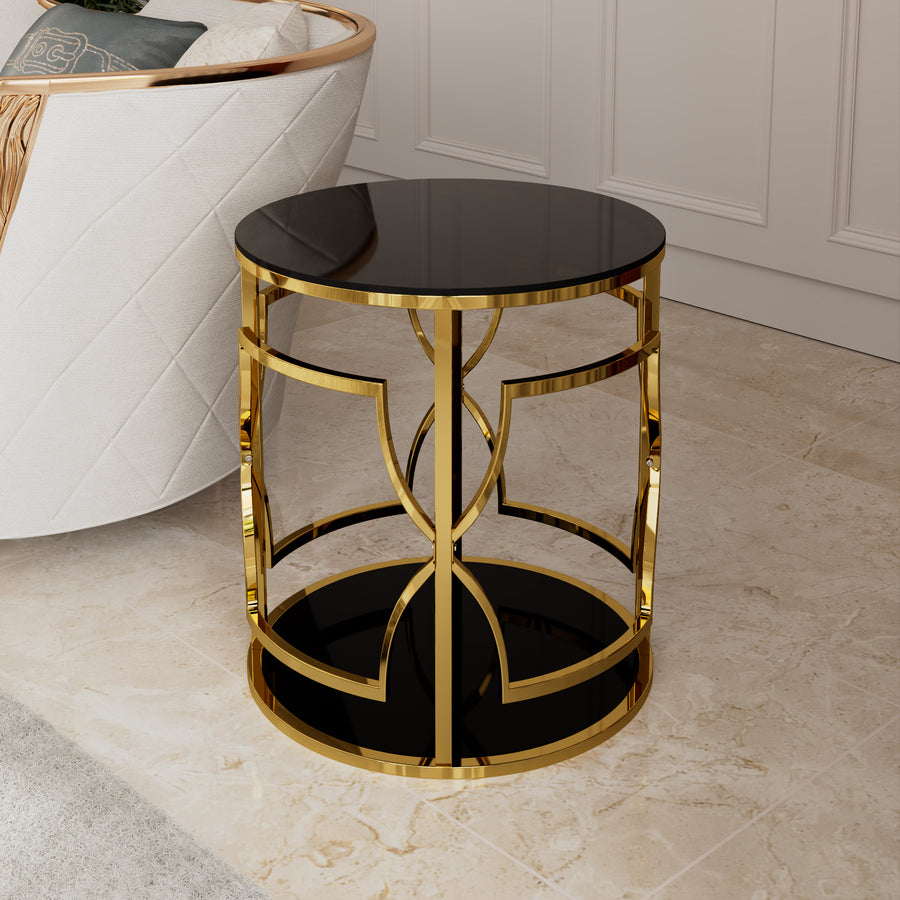 Black tampered glass golden metal leg round side table