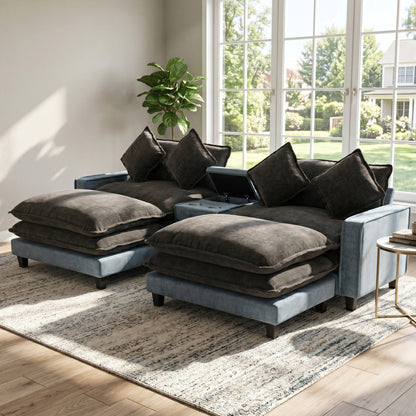 Grey + Light Blue Sectional Sofa with Ottoman
