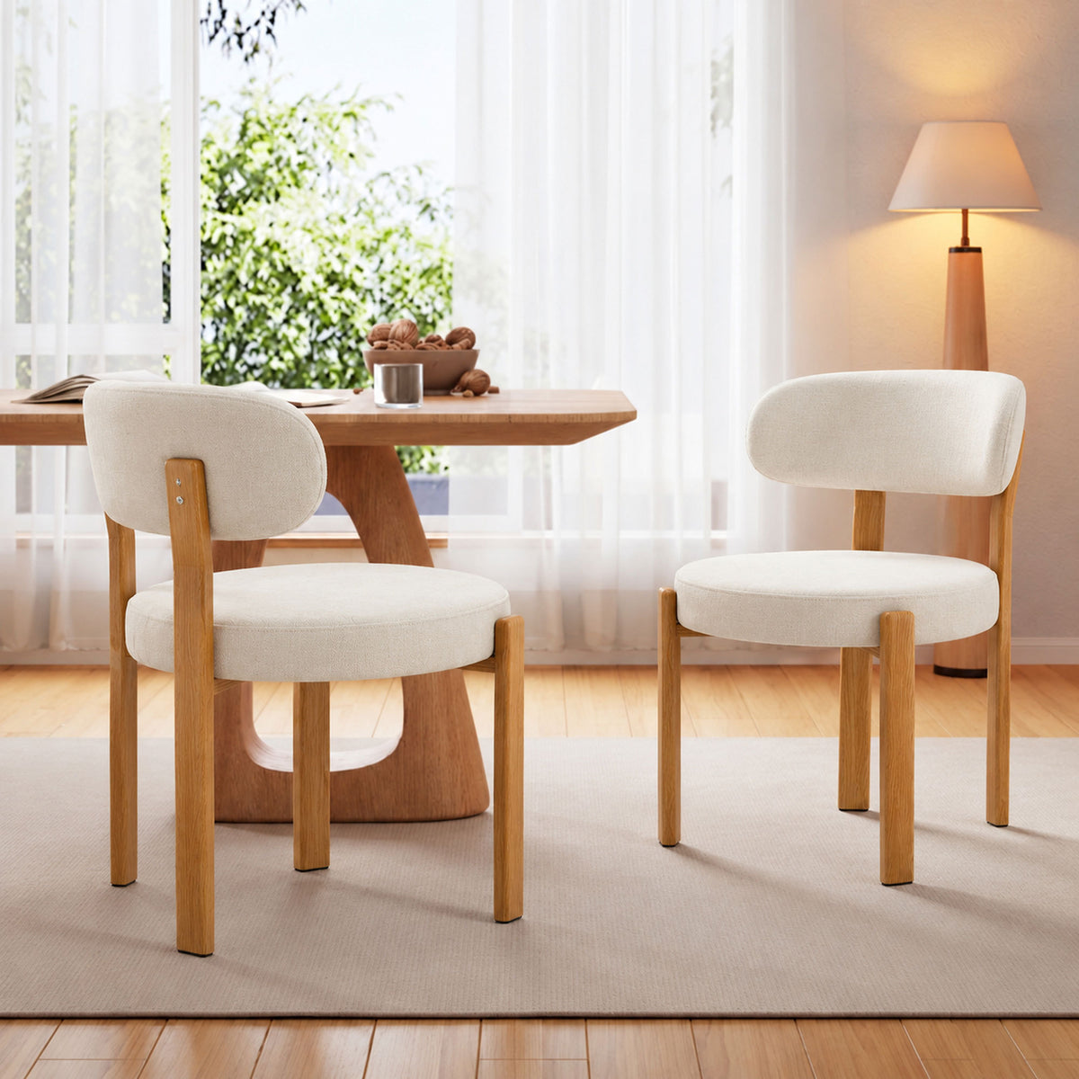 White set of 2 piece 4 piece dining chair with curved back and wooden legs