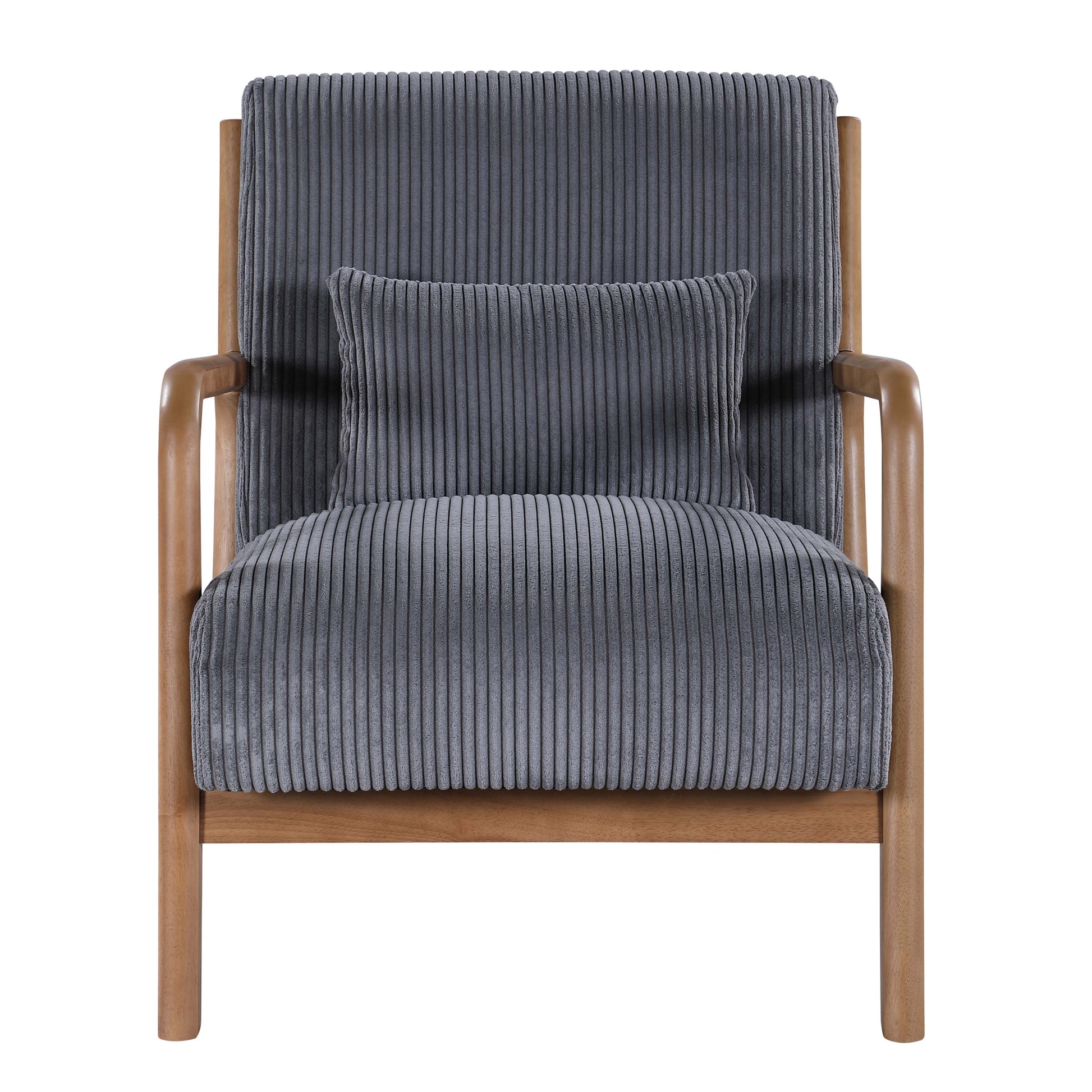 Dark Gray Corduroy Upholstered Wooden Armchair with Back Support Pillow