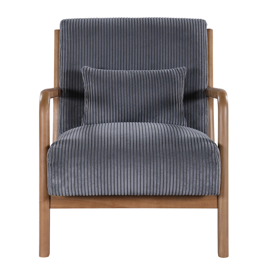 Dark Gray Corduroy Upholstered Wooden Armchair with Back Support Pillow