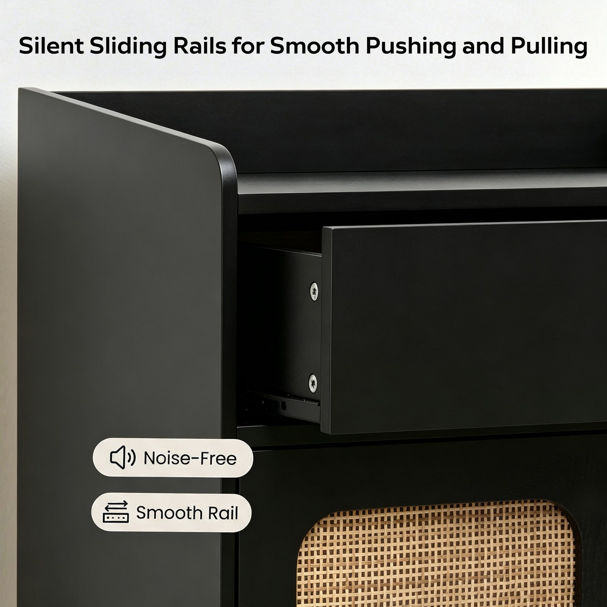 Close-up of a black drawer with a sliding rail mechanism shown open, with text reading 'Silent Sliding Rails for Smooth Pushing and Pulling' and badges noting 'Noise-Free' and 'Smooth Rail'.