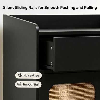 Close-up of a black drawer with a sliding rail mechanism shown open, with text reading 'Silent Sliding Rails for Smooth Pushing and Pulling' and badges noting 'Noise-Free' and 'Smooth Rail'.