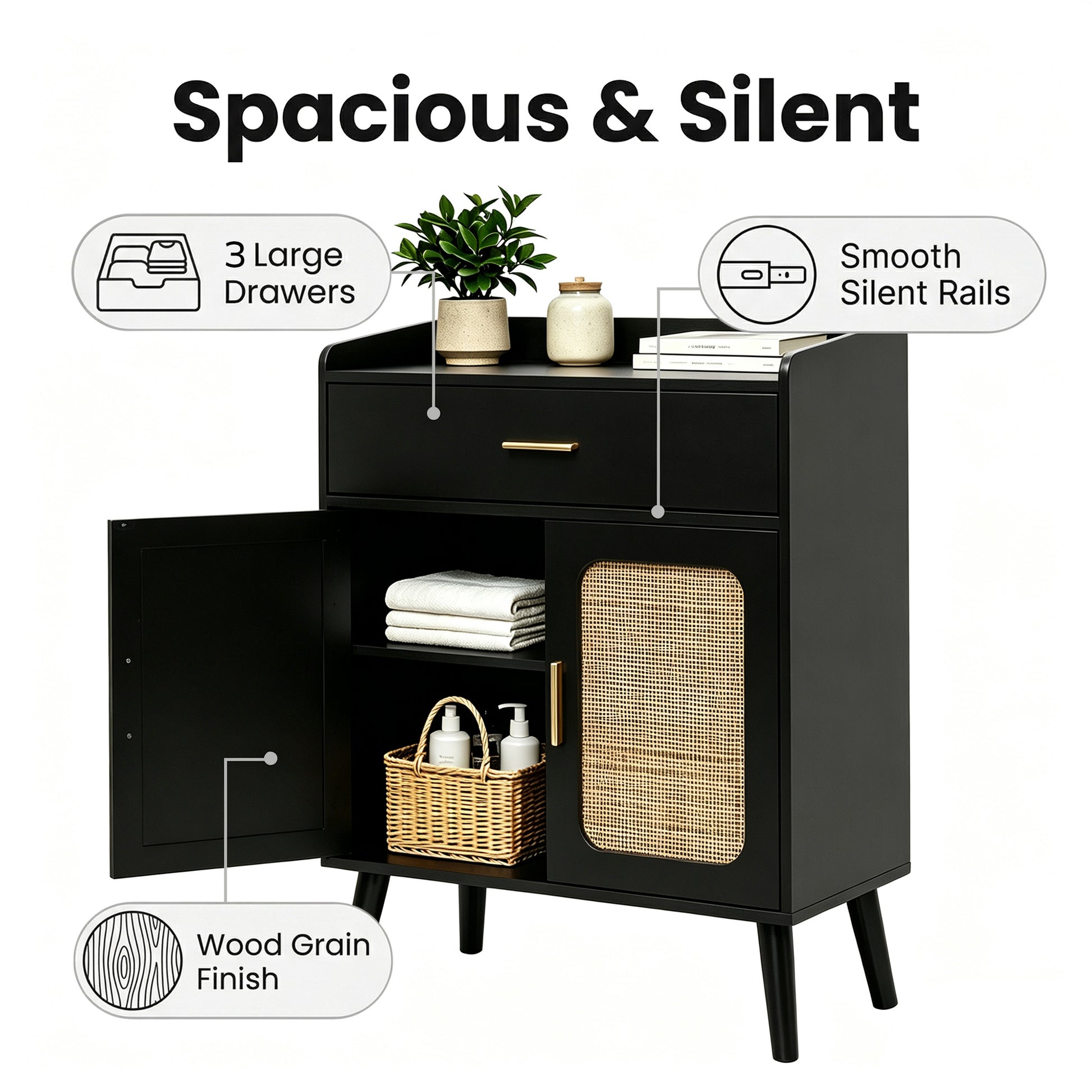 Black wooden nightstand with a single drawer, open side cabinet, and woven rattan door panel, shown on a white background with feature callouts and the headline 'Spacious & Silent'.
