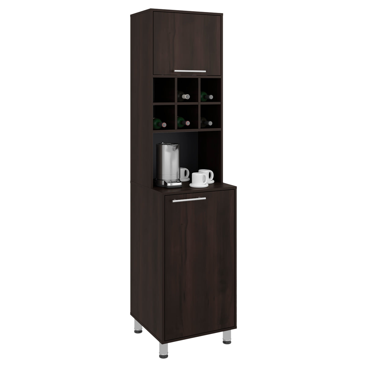 Dark wood kitchen cabinet with shelves and a countertop on a white background Walnut