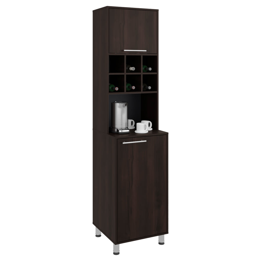 Dark wood kitchen cabinet with shelves and a countertop on a white background Walnut