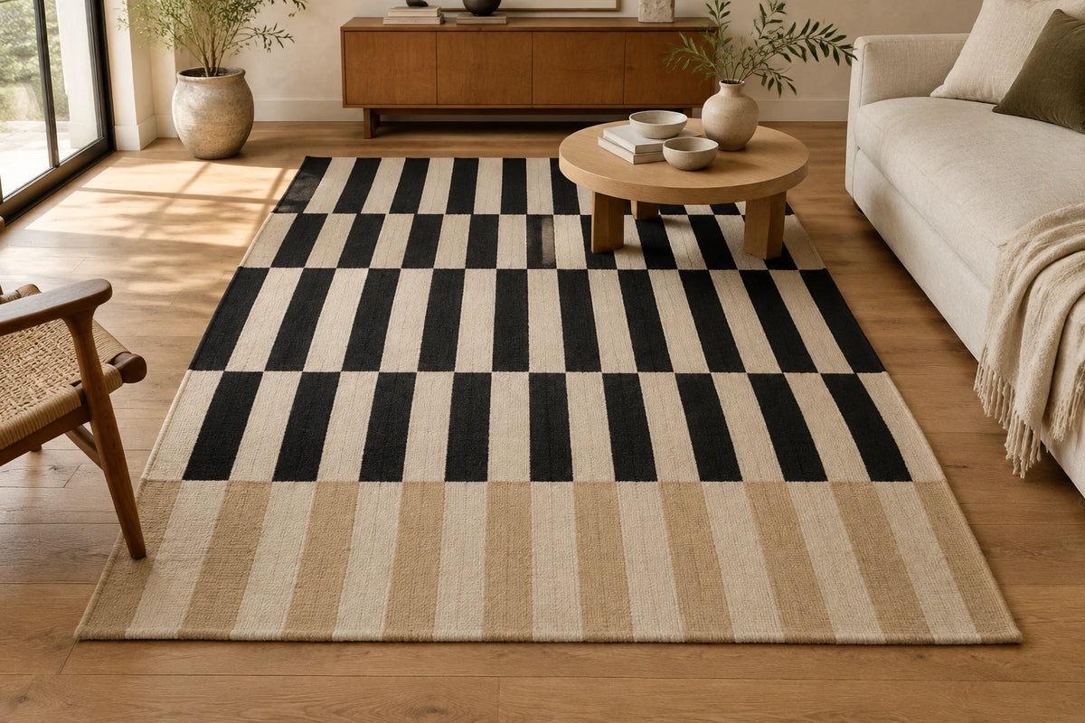 Beige Striped Hand Woven Flatweave Wool Dhurrie
