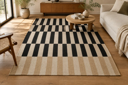 Beige Striped Hand Woven Flatweave Wool Dhurrie