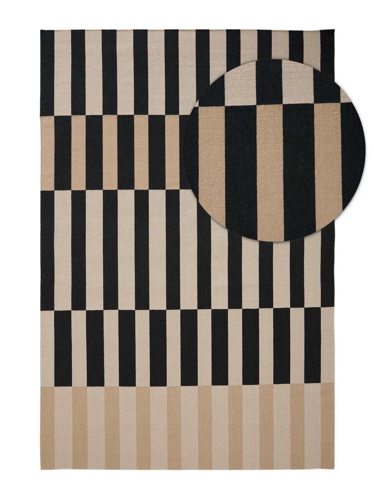 A rectangular area rug with a geometric pattern of black and beige vertical stripes and blocks, shown flat against a white background with a circular inset detail of the fabric texture. Hand made rugs
