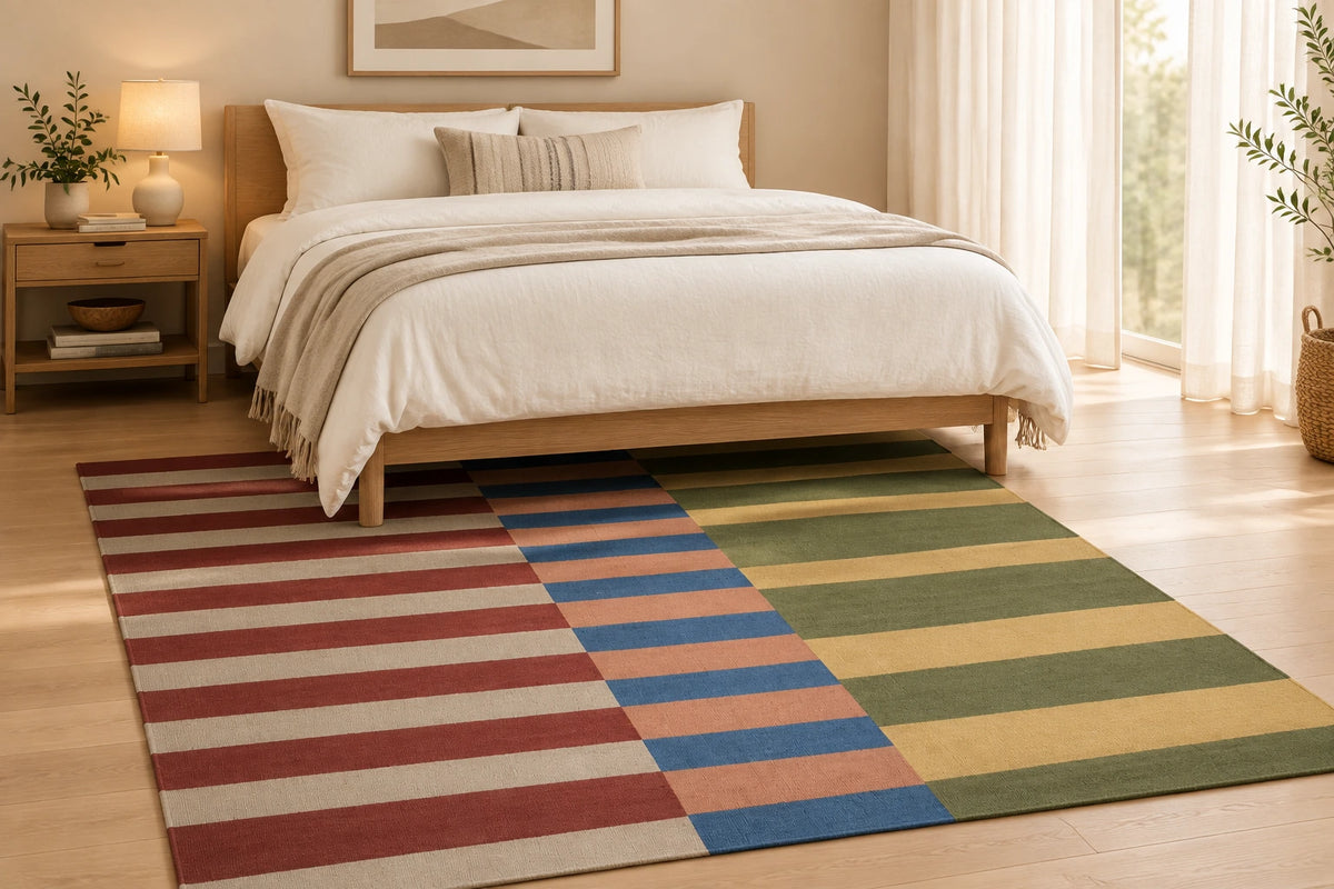 Multi Color Striped Hand Woven Flatweave Wool Dhurrie