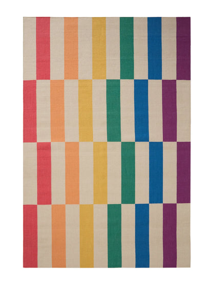 Rainbow Striped Hand Woven Flatweave Wool Dhurrie bhadohi carpet