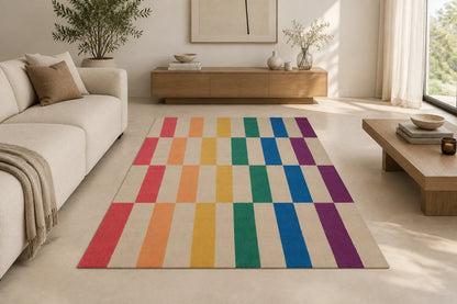 Rainbow Striped Hand Woven Flatweave Wool Dhurrie bhadohi rugs