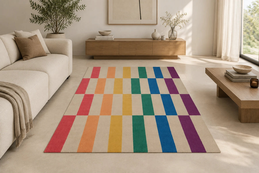 Rainbow Striped Hand Woven Flatweave Wool Dhurrie bhadohi rugs