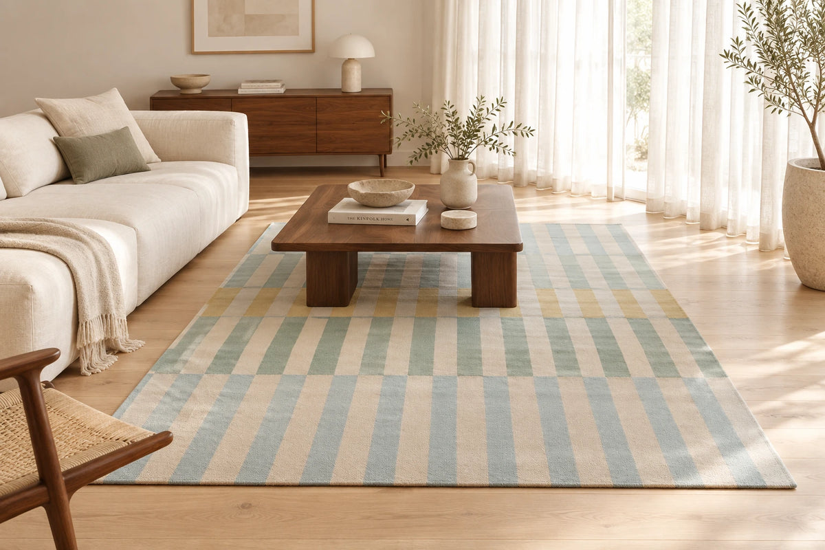 Pastel Blue Striped Hand Woven Flatweave Wool Dhurrie