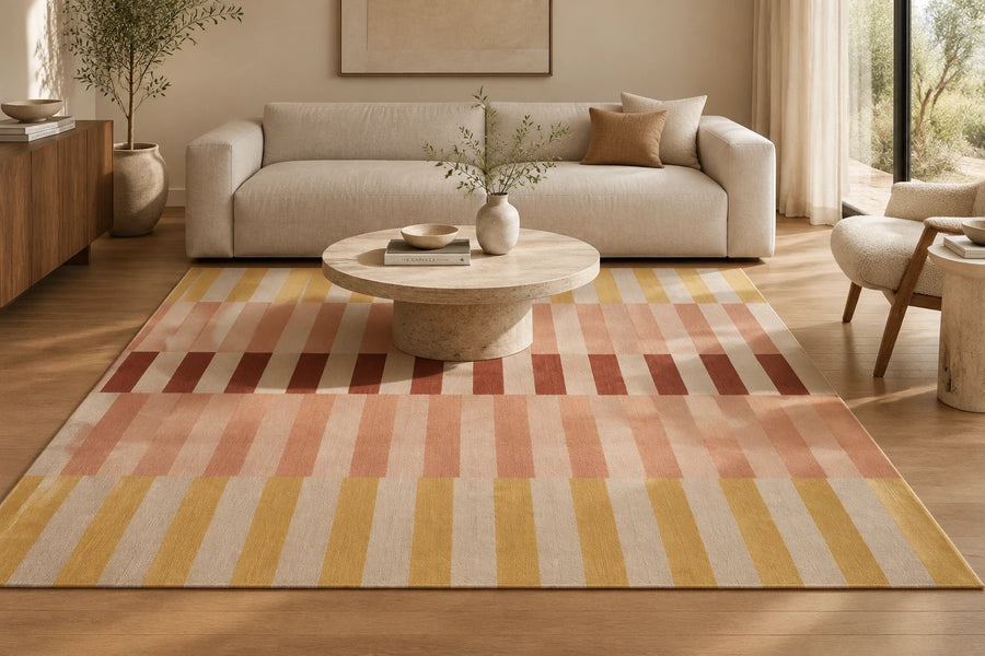 Warm Yellow Striped Hand Woven Flatweave Wool Dhurrie