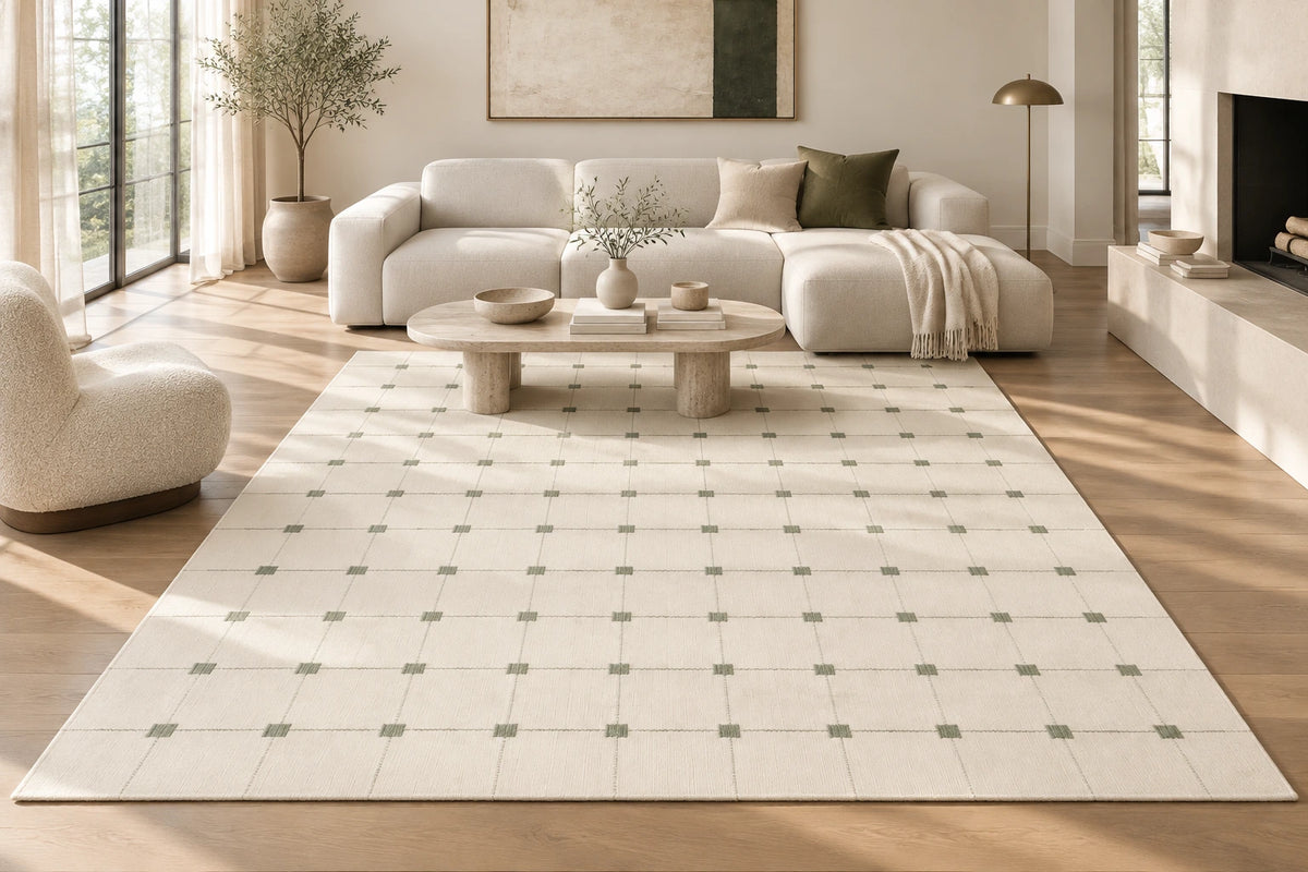 Green Grid Hand Woven Flatweave Wool Dhurrie