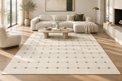 Sage Green Grid Hand Woven Flatweave Wool Dhurrie