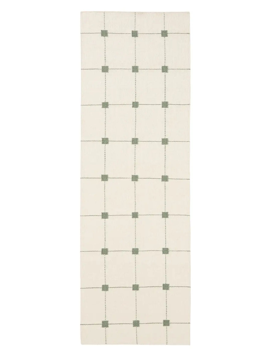 Sage Green Grid Hand Woven Flatweave Wool Dhurrie 2'6"x8'