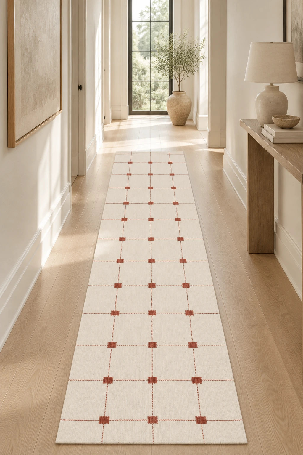 Terracotta Grid Hand Woven Flatweave Wool Dhurrie 2'6"x8'