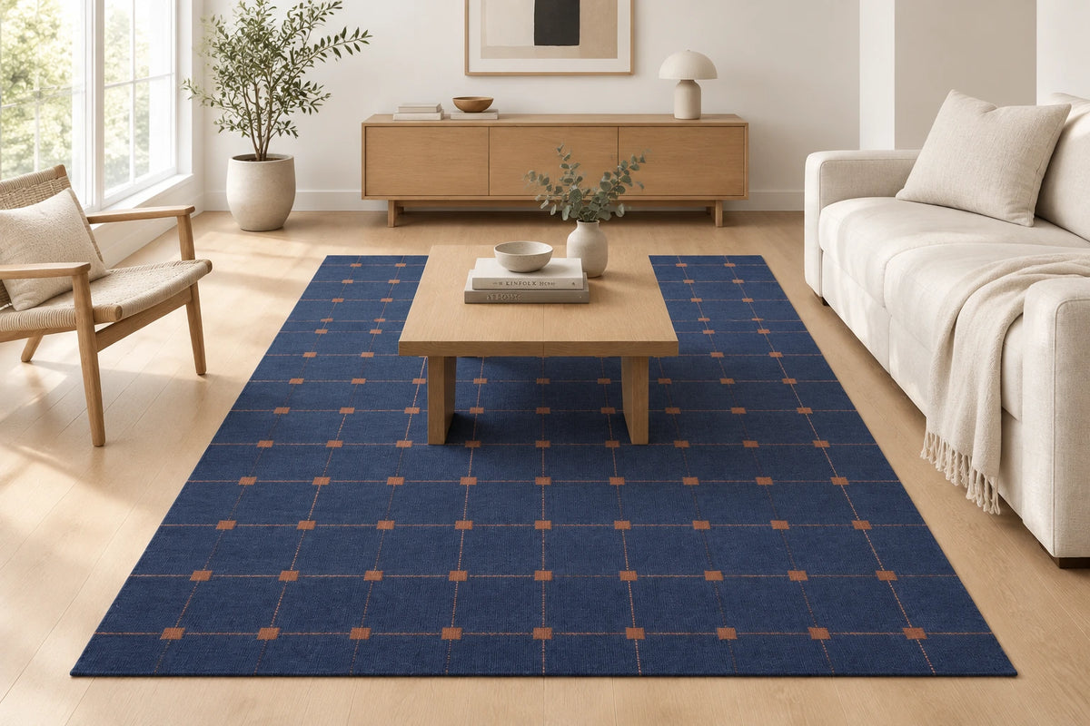 Blue Grid Hand Woven Flatweave Wool Dhurrie