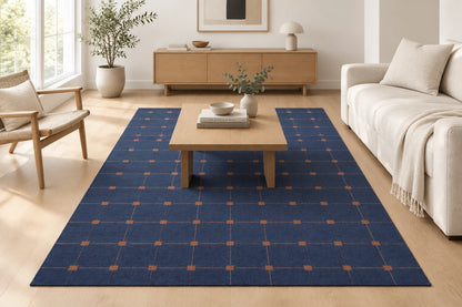 Blue Grid Hand Woven Flatweave Wool Dhurrie