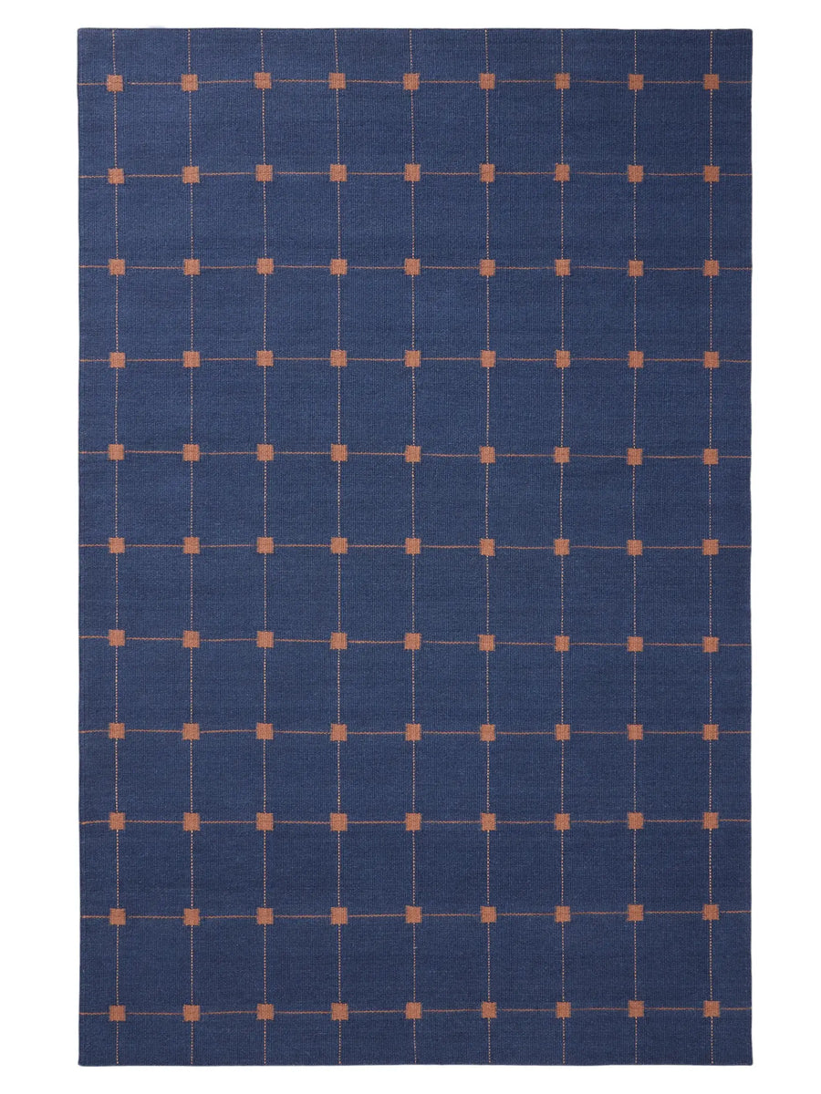 Blue Grid Hand Woven Flatweave Wool Dhurrie