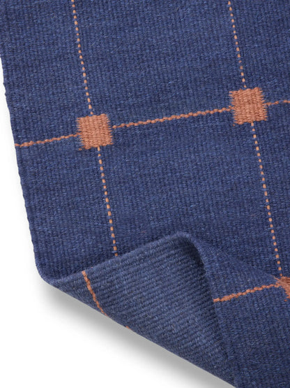 Blue Grid Hand Woven Flatweave Wool Dhurrie hand made rug