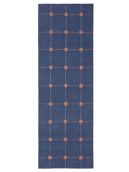 Blue Grid Hand Woven Flatweave Wool Dhurrie 2'6"x8