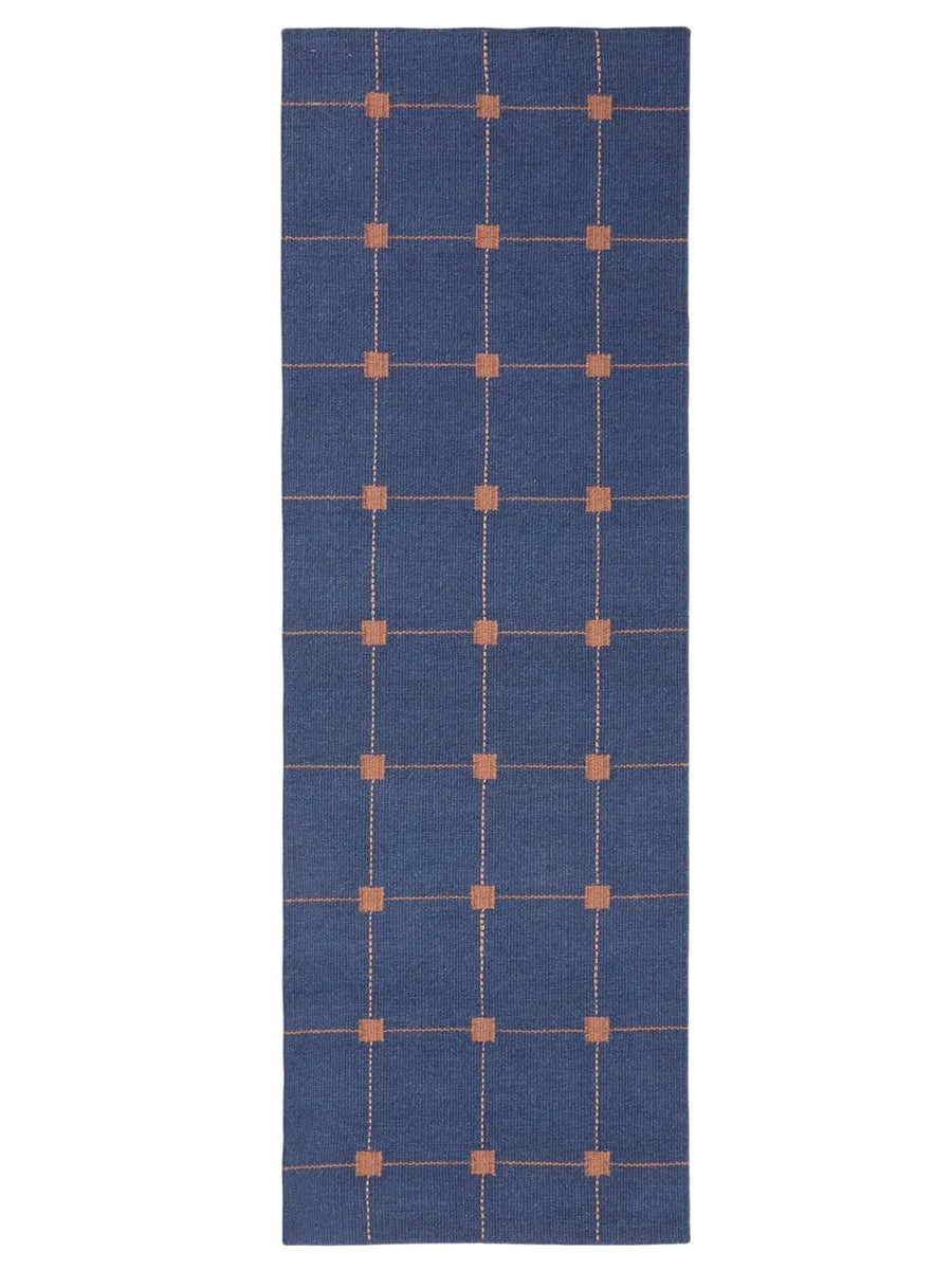 Blue Grid Hand Woven Flatweave Wool Dhurrie 2'6"x8